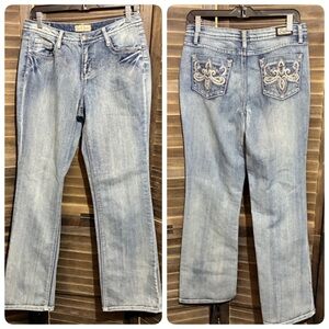 Y2K Earl Jeans Size 8 Stretch Slim Boot Cut Embellished Rhinestones Flap Pockets